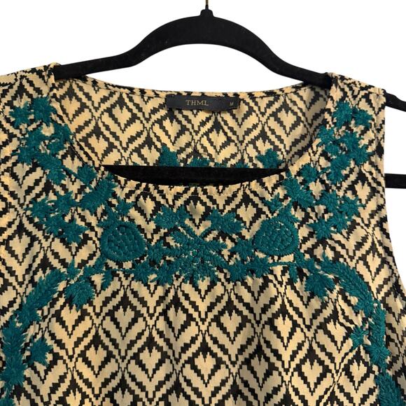 THML Anthropologie Black, Cream and Teal embroidered Tank Top Size Medium - Picture 4 of 8